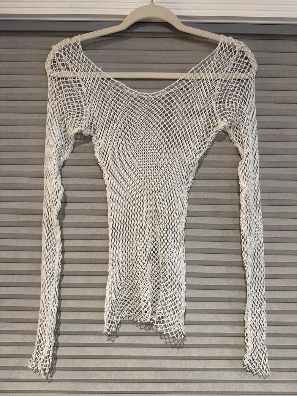 Arden B White Open-Weave Long Sleeve Mesh Top